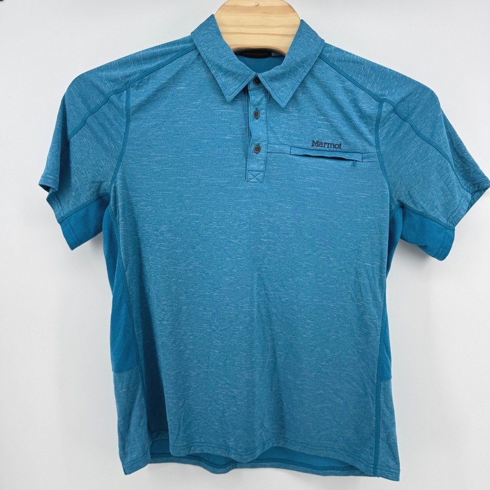 Marmot Wallace Polo Golf Shirt XL Blue Teal Heather Short Sleeve Hiking Outdoor - Picture 2 of 6